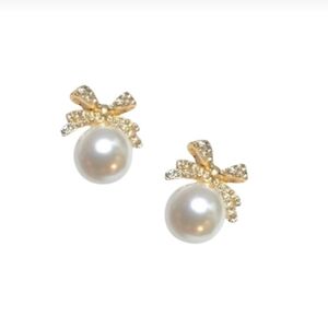 Anthropologie Gold Crystal Bow Pearl Earrings